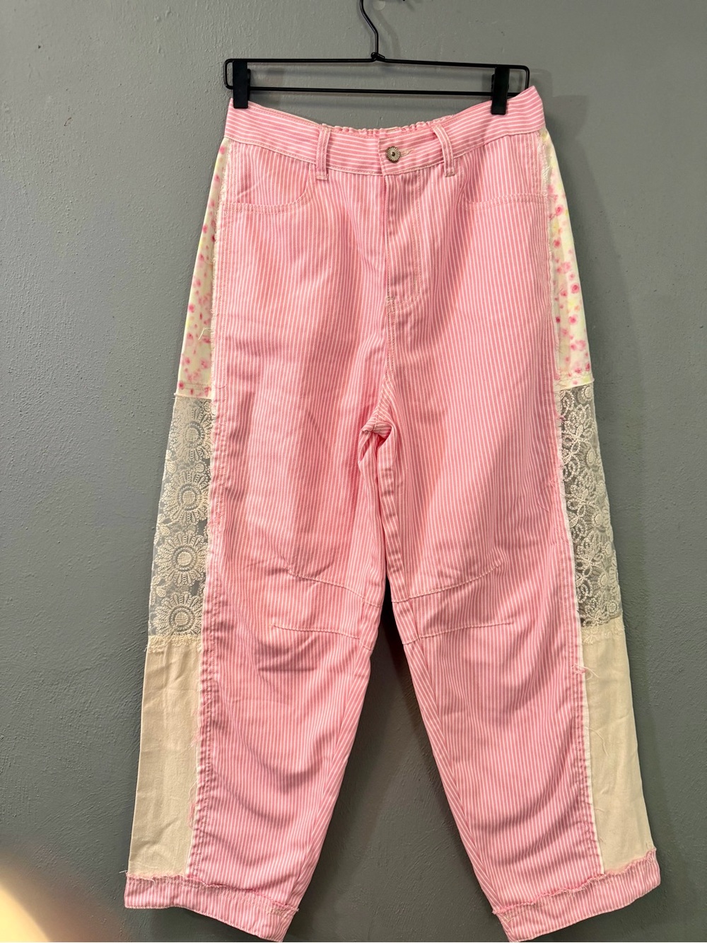 POL Pink Denim Lace Joggers with Cream & Floral Side Panels